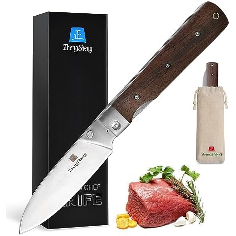 ZhengSheng 4.5" Folding Kitchen Knife Ultra Sharp 440A Stainless Steel blade Peeling Utility Knife Natural Olive Handle Portable Fruit knife for BBQ trip Outdoor Camping. Cover
