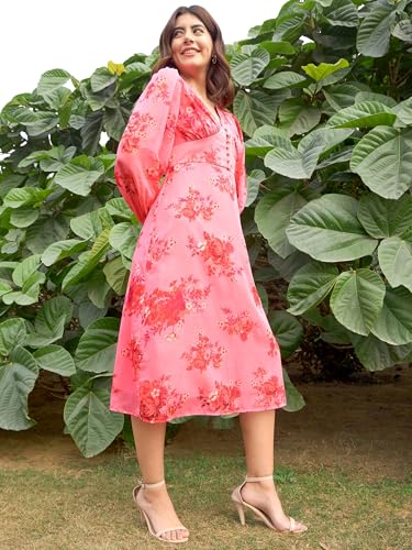Image of RARE Women's Polyester A-Line Midi Dress (EP8128A Pink