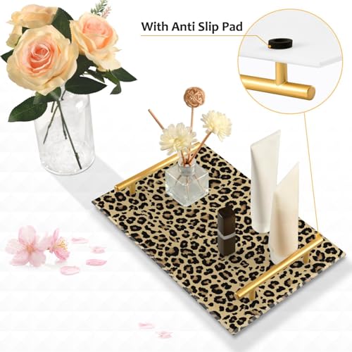 ZZKKO Leopard Acrylic Tray Bathroom Organizer Countertop Decorative Vanity Tray with Gold Handles Makeup Tray for Bathroom Counter Dresser Kitchen Table by ZZKKO - Used condition - Image 2