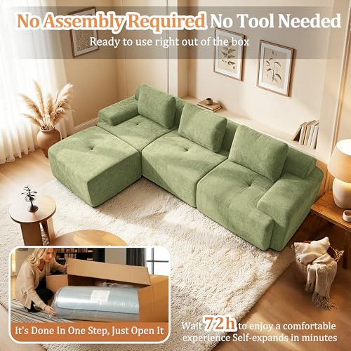 Image of 122 inch L-Shaped Modular Sectional Sofa, Oversized Boneless Cloud Couch for Living Room with Extra Deep Seat & High Back, Tool-Free No Assembly, Soft Chenille (Olive Green, 122 inch-L Shaped（3+1）)