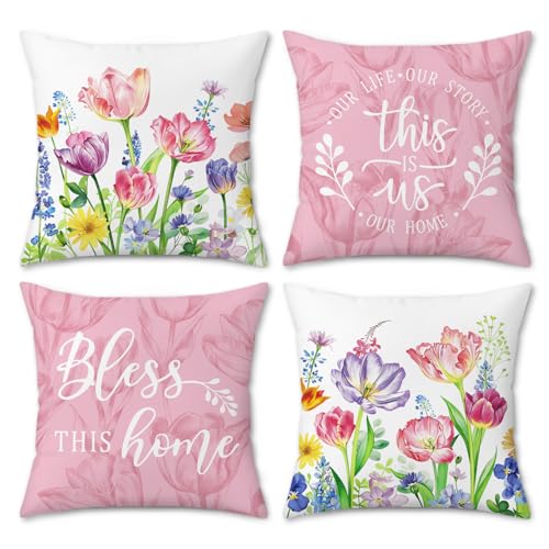 Bonhause Housse de Coussin Fleurs Rose 45 x 45 cm Velours Tulipe Fleur Printemps Décoratif Taie d'oreiller pour Canapé Chambre Chaise Patio Maison Printemps...