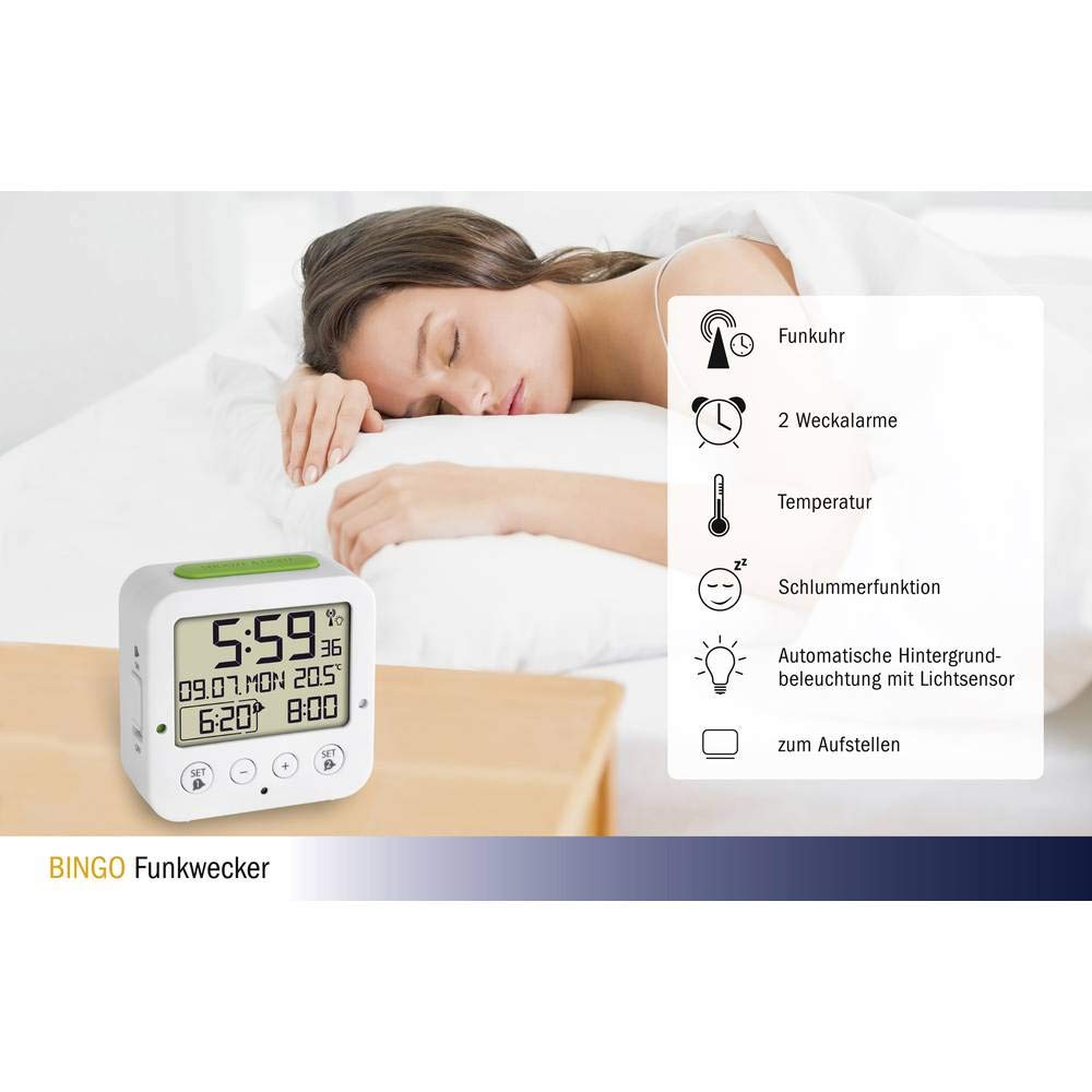 TFA Dostmann Orologio sveglia da comodino radiocontrollato Bingo, 60.2528.02, con fuso orario, due allarmi con suoni differenti, temperatura interna, illuminazione, digitale bianco