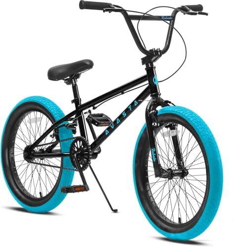 AVASTA 18 Inch Big Kids Bike Freestyle BMX Bicycle for Age 5 6 7 8 Years Old Boys Girls and Beginners Black with Blue Tires