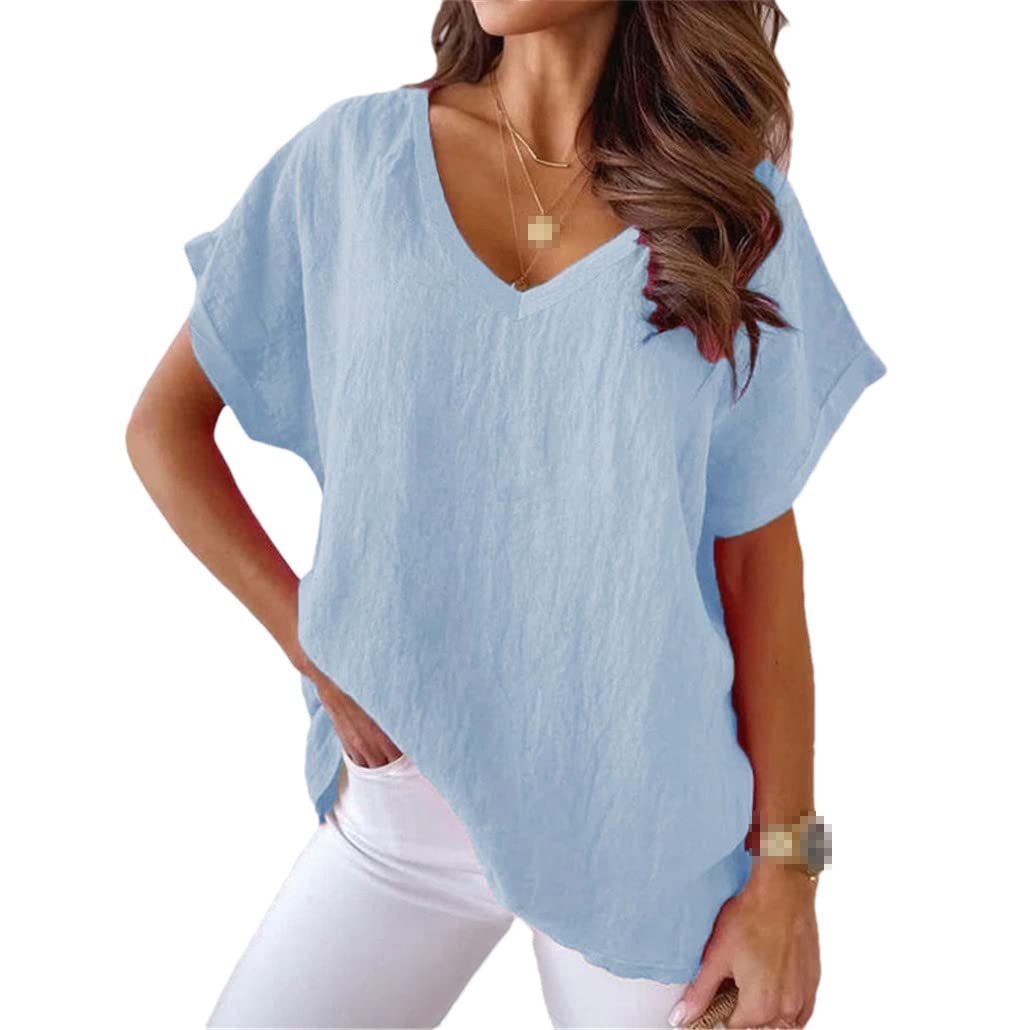 keusyoi Sommer Baumwolle T-Shirt Khaki Kurzarm Tops für Frauen Einfarbig Lose V-Ausschnitt Weiß Shirts
