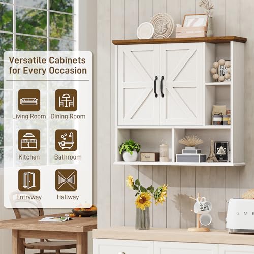 Image of Bathroom Wall Cabinet, Farmhouse Medicine Cabinet with Doors, White & Brown