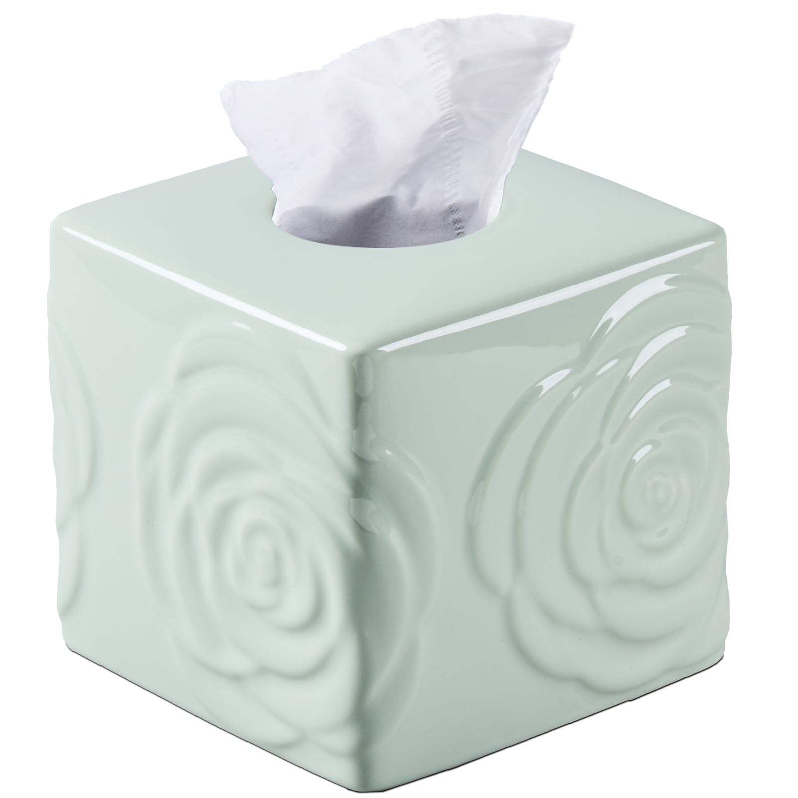 Photo 1 of Light Green Ceramic Cube Tissue Box Cover with Rose – Large Elegant Rose Floral Square Decorative Tissue Box Holder for Bathroom, Bedroom, Office Desk, Kitchen Counter – Perfect Housewarming Gift