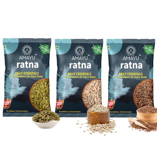 Image of Amayu Ratna Pumpkin, Sunflower & Flax Seeds Combo Pack offer | Edible Healthy Seeds for Eating | Rich in High Protein & Fiber | Natural Superfood for Digestion, Immunity & Weight Wellness | pack of 3