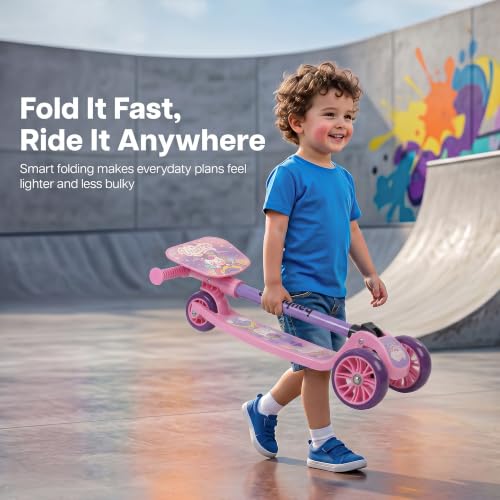Image of Baybee Trickster Baby Kick Scooter for Kids | Foldable 3 Wheel Kids Scooter with 4 Height Adjustable & Foot Brake | Runner Scooters with Magic Board | Skate Scooter for 2+ Years Boy Girl (Pink)