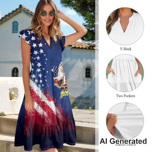 Image of Women's Casual Ruffle Sleeve Dress V Neck Pullover Dress Flowy A-Line Pleated Lightweight Dress with Pockets