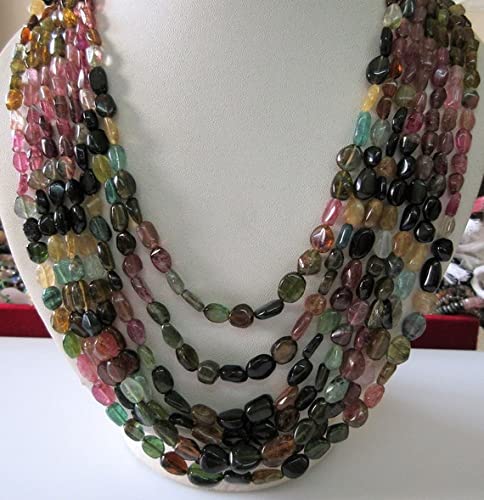 LKBEADS Wielowarstwowy naszyjnik turmalinowy, zielone różowe turmalinowe gładkie owalne koraliki, każdy od 5 mm do 9 mm, 7 pasm 40 cm