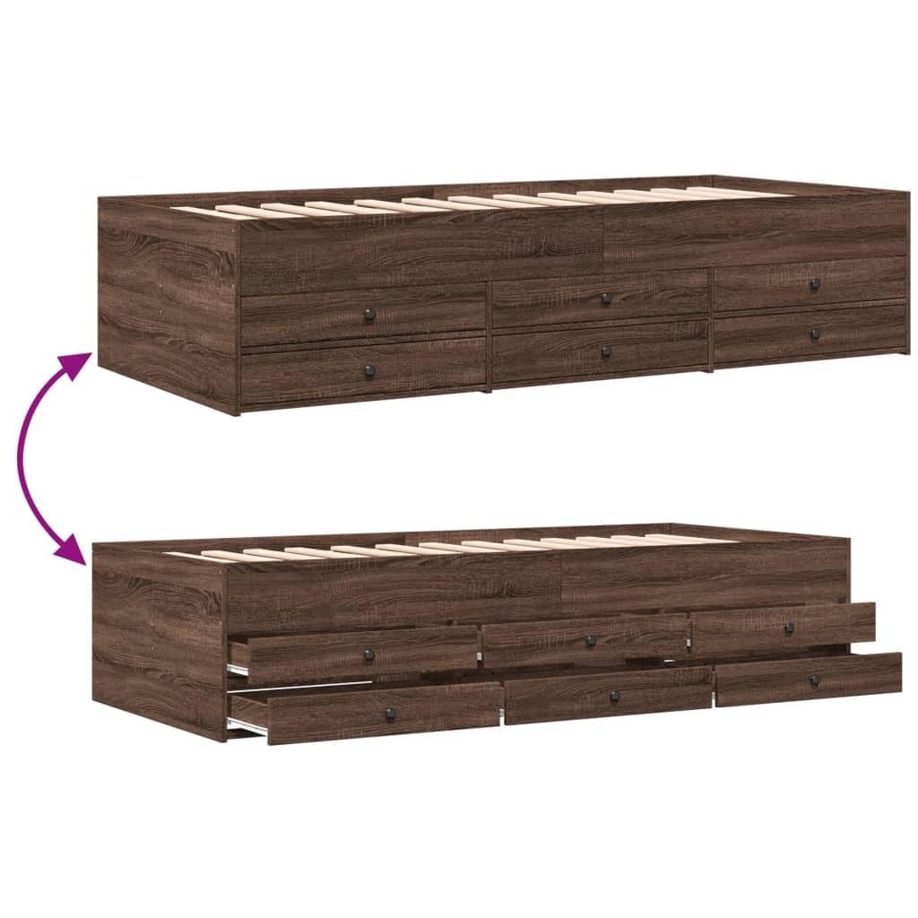 2w1 szuflady rozkładana sofa 6 szuflad brązowy dąb 90x200 cm | Leżanka sofa z szufladami 90x200 brązowy dąb, bez materaca, rozkładana, pojemna, do salonu