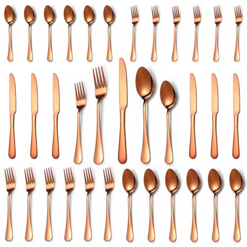 30 Pcs Rose Gold Silverware Set for 6 Food Grade Stainless Steel Flatware Set Eating Utensils Sets Include Fork/Knife/Spoon Reusable Cutlery Set for Home Kitchen Dishwasher Safe Round Edge