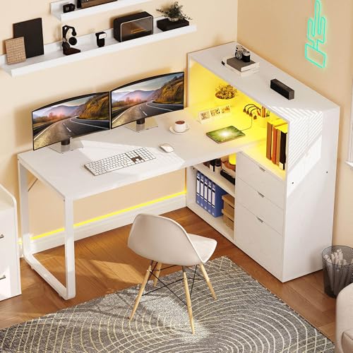 YITAHOME L Shaped Desk with Power Outlets 55 Computer Desk with Drawers & Bookshelf Home Office Desk with LED Lights Corner Desk with File Cabinet White