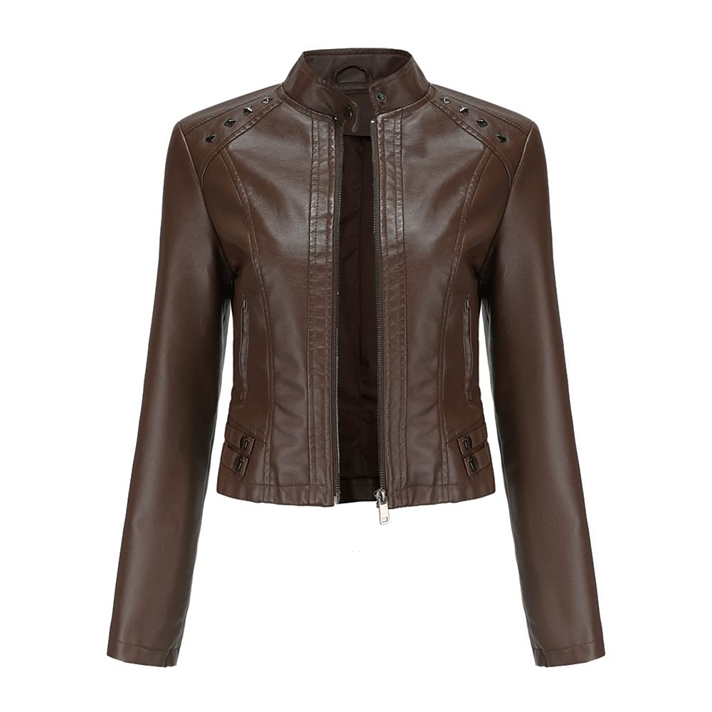 YYNUDA Korte leren motorjas met klinknagels voor dames, bomberjack, opstaande kraag, kunstleer, vliegenier, lente/herfst, Bordeaux, L