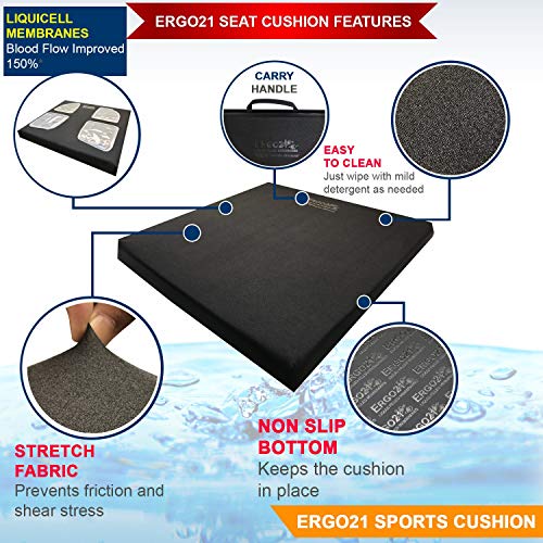 Ergo21 Liquicell Sports Cushion, Comfortable Wheelchair Cushion For Pressure Relief, Seniors, Tailbone Pain. Can Be Used On Office Chair And Car Too! Liquicell Improves Blood Flow By 150% #TOP1