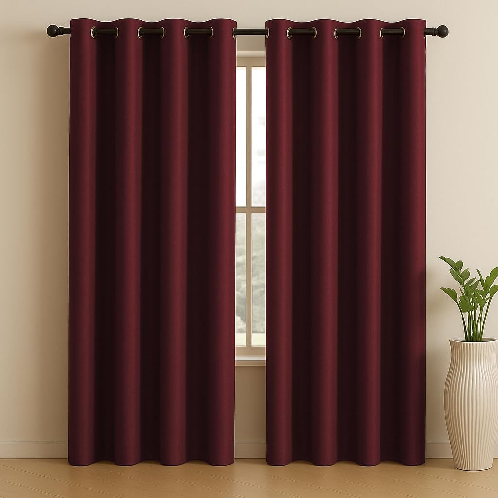 LINENWALAS 100% True Solid Blackout Curtains(7 Feet),Set of 2 Panels,Complete Light Block,Thermal Insulated & Noise Reducing Room Darkening Curtains for Living Room & Home Décor(Aesthetic Maroon)
