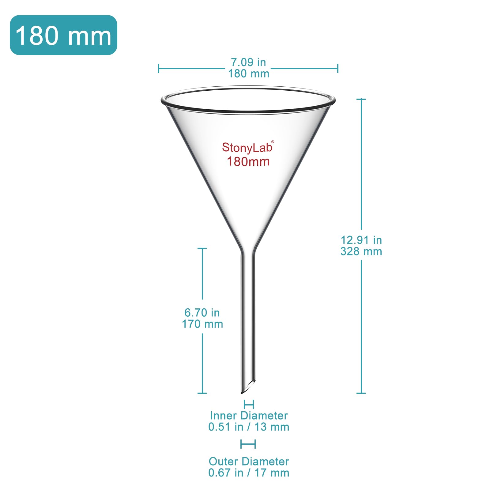 StonyLab 2 Stück Glastrichter Labor Borosilikatglas Trichter, Glass Funnel Kurzer Stiel 180mm Durchmesser, 170mm Stiellänge, Borosilicate Labortrichter