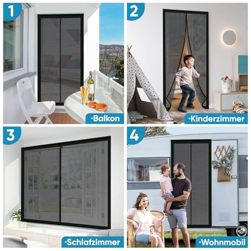 Sekey Kürzbar Fliegengitter Tür Magnet Insektenschutz Magnetvorhang, Fliegengitter Balkontür Magnet, Klebemontage ohne Bohren 150x210cm Schwarz
