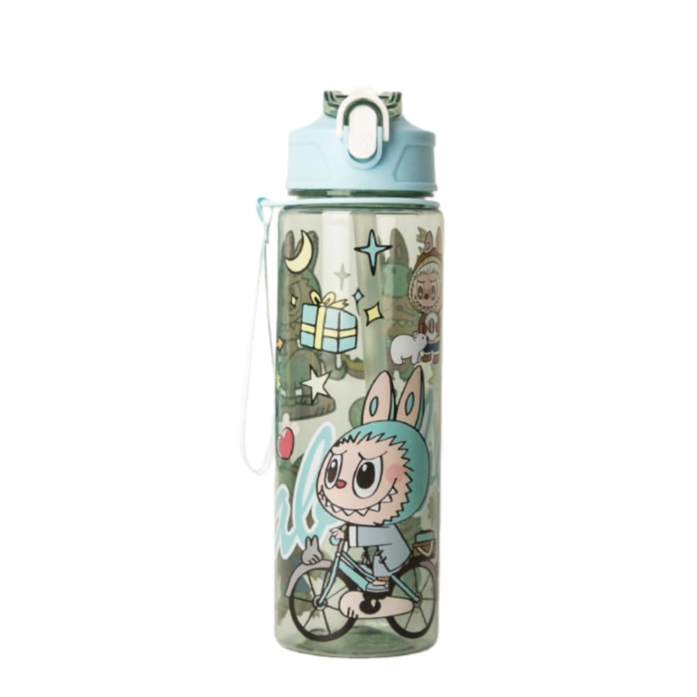 ISABELLA MOON Water Bottle Reusable Kids 520ml PP with Two Lids Leak Proof with straw Lid BPA Free Drinking bottle (Green Fairy 750ml)