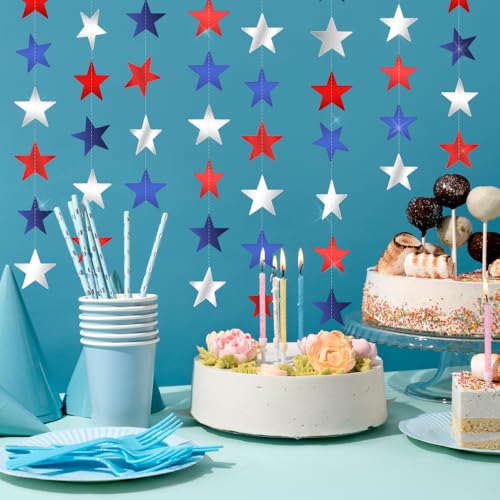 Image of Red White and Blue Star Garland Banner, 66 Feet Patriotic Star Hanging Streamer 4th of July Banner Star Backdrop Decor for 4th Fourth of July Independence Memorial Veterans Labor Day Party Decorations