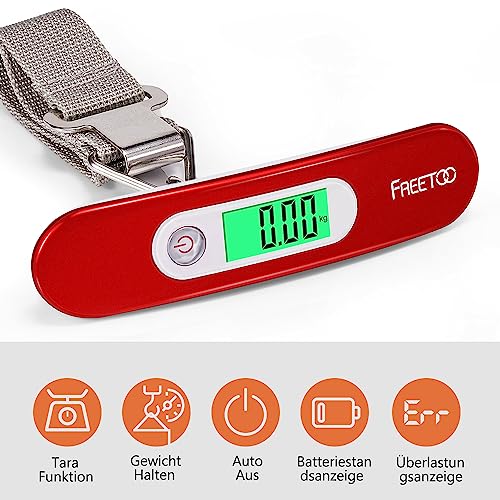 [Digitale Kofferwaage] FREETOO Gepäckwaage tragbare Hängewaage LCD-Anzeige mit Hintergrundbeleuchtung Tara-Funktion praktisch für Reisen/Familienleben bis 50KG (Rot) 3