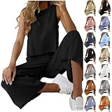 Hosenanzüge für Damen Zweiteilige Outfits Baumwolle Leinen Hosenanzug Sommer Tank Top und Hose Casual Einfarbig Freizeitanzug mit Taschen Sportanzug Leicht Elegant Leinenanzug Urlaub Streetwear