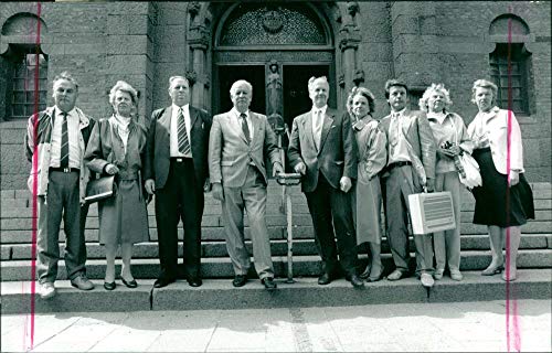 Vintage photo of Bo Malm, Ingegerd Ericsson, David Modin, chief counsel Mikael af Geijerstam, Carl-Anton Spak, protocol leader Barbro Holm,195;Ã¢â‚¬Â¦ke Mez195;161;n, Ruth Lindroth and Agneta Clavering, judges in Palme Olof case.