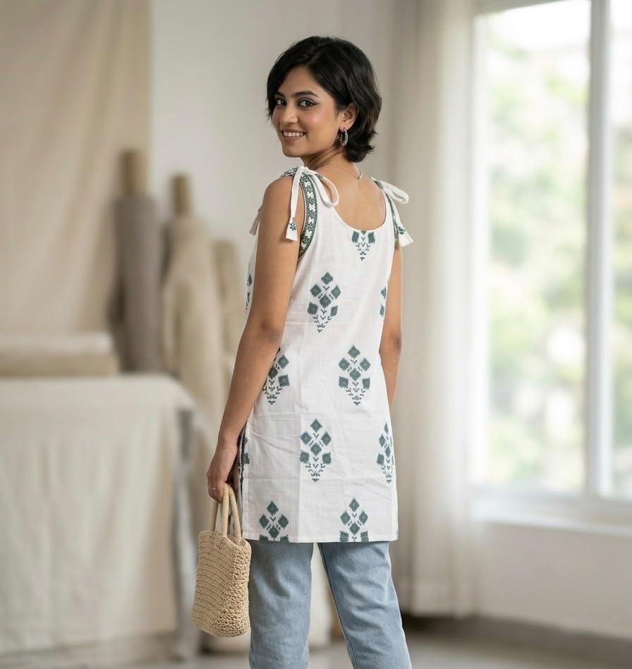 Image of Short Kurti for Women | Cotton Tops for Women | Stylish Strap Kurtis for Woman | Sleeveless Casual for Jeans | Printed Kurtas for Office Casual
