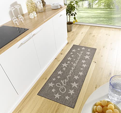 Hanse Home Cucina Küchenläufer Sterneküche – Teppichläufer mit Schriftzug Flachgewebe Küchenteppich rutschfest Teppich Läufer für Küche, Flur, Eingangsbereich, Esszimmer – 62x150cm, Braun