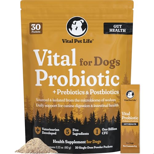 Vital Probiotics for Dogs - Wolf Microbiome, Daily Digestive Health, Dog Probiotics for Digestive Health, Powder Probiotic Supplement, Prebiotics & Postbiotics, Veterinarian Developed, 30 Packets