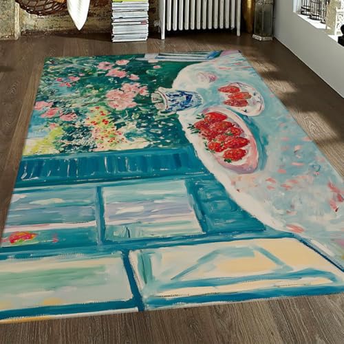 Tapis 80x150cm style impressionniste fleurs salon moderne