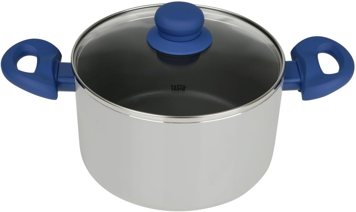 Tasty Stock Pot with Glass Lid, Casserole Dish, Cooking Pot with Non Stick Coating and Oil-dosing System, for all Stoves incl. Induction, Dishwasher Safe, Dimensions: Ø 20 x 17 cm, Dark Blue and Grey