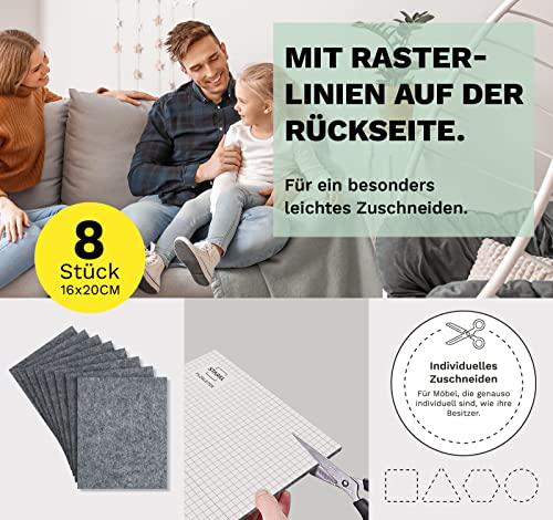 Filzgleiter selbstklebend zum Zuschneiden I 8 Stück 16 x 20cm - 4mm I Filzgleiter für Stühle I Filz selbstklebend I Möbelgleiter aus hochwertigem Nadelfilz I Stuhlgleiter Klebefilz (Grau)