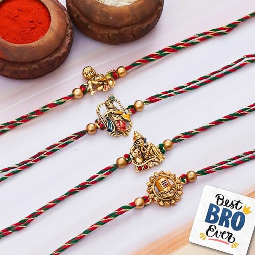 Image of eCraftIndia Set of 4 Golden Laddu Gopal, Lord Krishna Playing Flute, Lord Ganesha, and Shivling Religious Rakhis with Roli Chawal Pack and Best Bro Ever Fridge Magnet - Rakhi for Brother, Bhaiya, Bhai