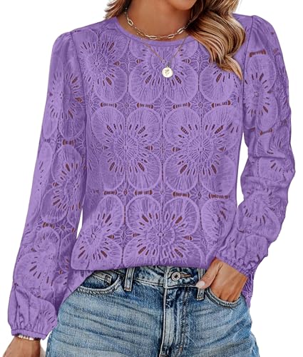 Image of OFEEFAN Blouses for Women Dressy Casual Spring Tops 2026 Summer Outfits Flower Lace Crochet Long Sleeve Shirts