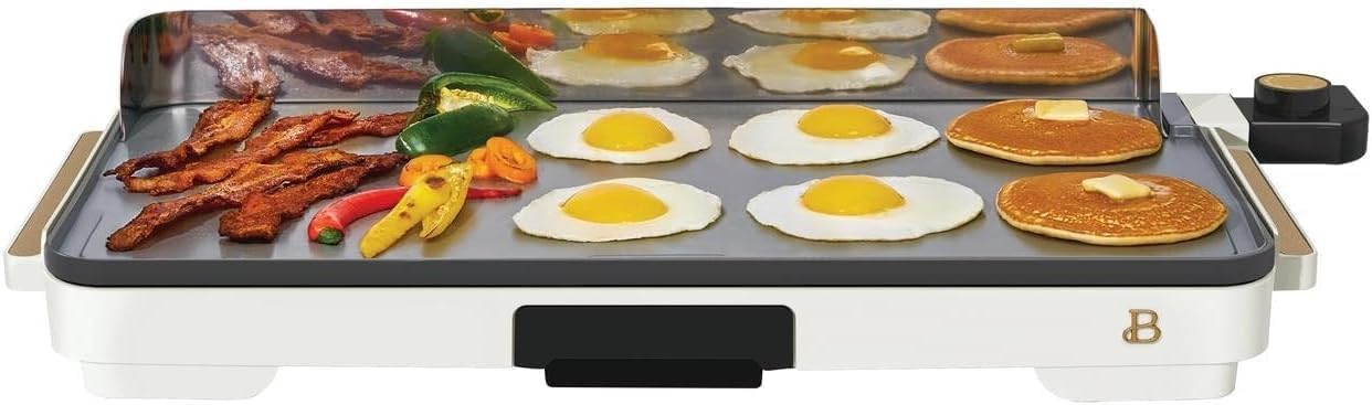 Drew Barrymore by XL Electric Griddle 12” x 22” – Large Nonstick Surface with Adjustable Temperature, Even Heat, Drip Tray & Cool-Touch Handles for Family Breakfasts (White Icing)