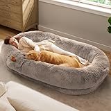 Bedsure Calming Human Dog Bed, 71' x 44' x 12' Giant Human Dog Bed for Adults People Fits Pet Families with Storage Pocket, Fluffy Faux Fur Orthopedic Pet Bean Bed, Camel