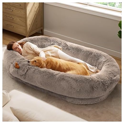 Bedsure Calming Human Dog Bed, 71" x 44" x 12" Giant Human Dog Bed for Adults People Fits Pet Families with Storage Pocket, Fluffy Faux Fur Orthopedic Pet Bean Bed, Camel