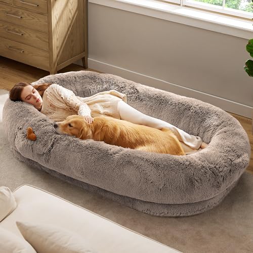 Image of Bedsure Human Dog Bed, 71.0 inch x 44.0 inch x 12.0 inch Calming Giant Human Dog Bed for Adults People Fits Pet Families with Storage Pocket, Fluffy Faux Fur Orthopedic Pet Bean Bed, Camel