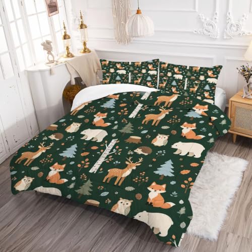 Image of Twin Green Forest Animal Comforter Set for Kids Bedroom Decor
