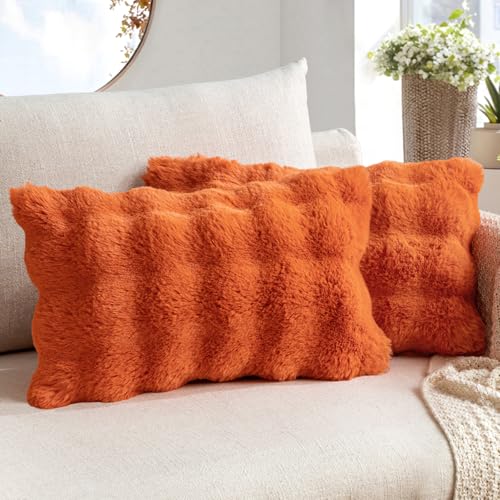 MIULEE Faux Fur Pillow Covers Thick Soft Plush Lumbar Throw Pillows Luxury Home Decor for Fall Couch Bed Bedroom Living Room Sofa,12x20 Inch Pack of 2 Burnt Orange