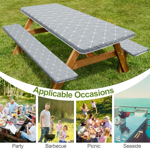 Image of Picnic Table Cover with Bench Covers 6FT 3 Pcs Waterproof Windproof Aesthetic Camping Tablecloth with Drawstring Bag, Fitted for 6 Foot Rectangle Tables and Seats, 72 inch, Grey