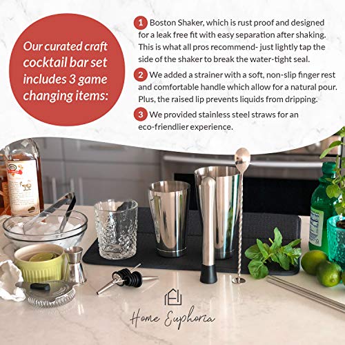 Stainless Steel Boston Cocktail Shaker and Bar Tool Set. Bartender Kit with all Bar Accessories: Cocktail Strainer, Double-Sided Jigger, Muddler, Bar Spoon, Pour Spouts, Metal Straws, and Ice Tongs.