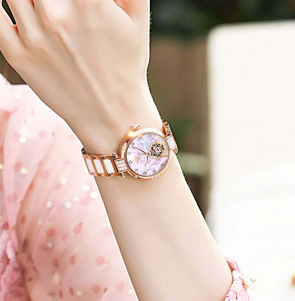 OUPINKE Reloj automático para mujer, con diamantes de cerámica, de oro rosa, elegante, con esqueleto, grabado, mecánico, automático, resistente al agua, luminoso, Banda de oro rosa y esfera rosa