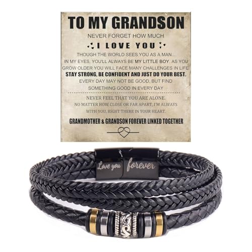 To My Grandson -I Love You Forever Bracelet, Personalized Multi-Layer Braided Leather Bracelet Stainless Steel Black Inspirational Bangle Wristband Graduation Birthday Jewelry for Grandson from Grandma