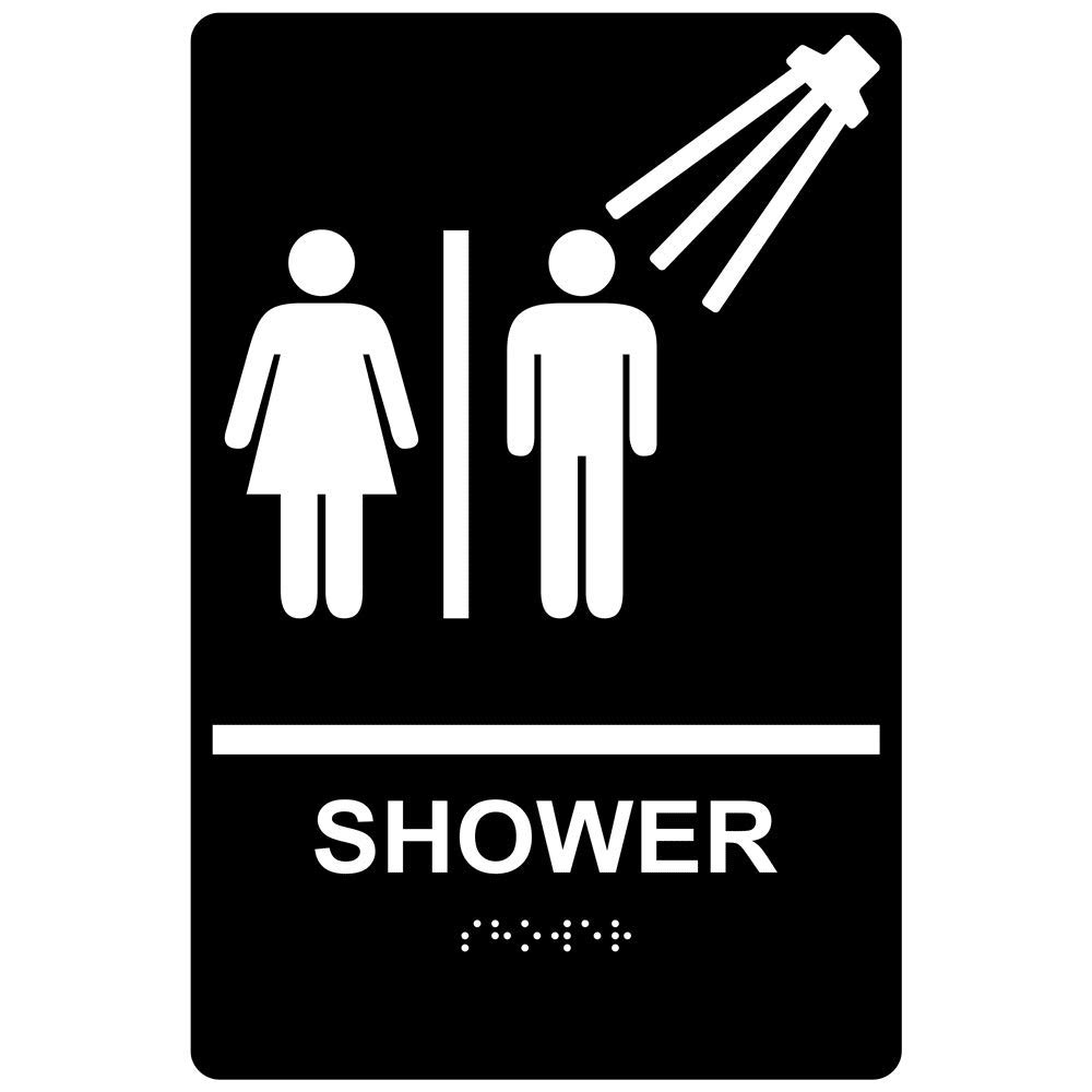 Photo 1 of ComplianceSigns.com Shower Sign, ADA-Compliant Braille and Raised Letters, 9x6 inch White on Black Acrylic with Adhesive Mounting Strips, American Made Safety Signs for the Workplace
