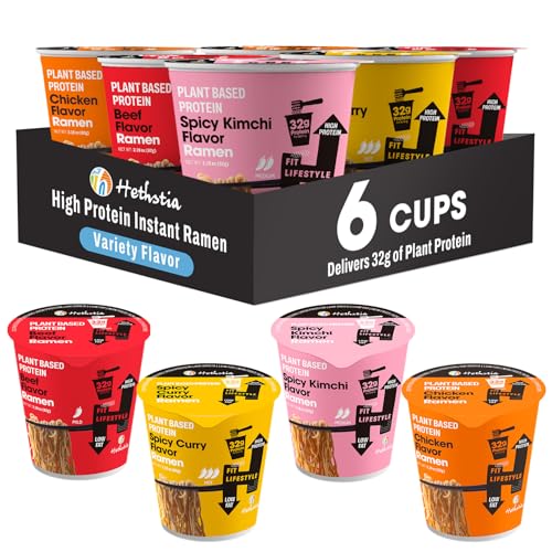 Image of Hethstia High Protein Ramen Variety Pack, 6-Pack Instant Vegan Noodle Soup Cups - Chicken, Beef, Spicy Curry, Kimchi - 32g Plant Protein, Non-Fried, Low Fat, Healthy Quick Meal