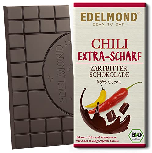 Edelmond Chili Schokolade scharf Bio / Habanero Schoten & Langzeit geführter Kakao / Vegan und Fair-Trade. Cilli + Cacao Top Wirkung