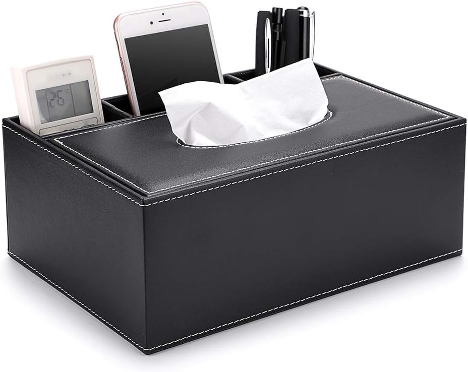 PU Leather Household Office Rectangular Tissue Box with Remote Storage Box - Elegant and Stylish Napkin Holder for Home Desk Storage Box, Black