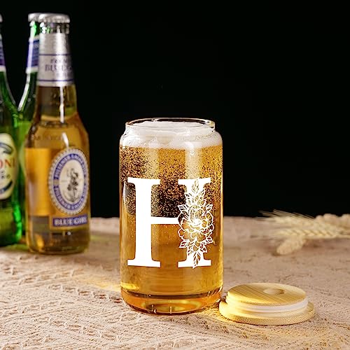 Image of Coolife Initial Glass Cup, Monogrammed Gifts for Women, 16 oz Tumbler w /Lid | Iced Coffee Smoothie Beer Tumbler w /Straw Lid - Personalized Christmas, Birthday Gifts for Woman Her Mom Friend